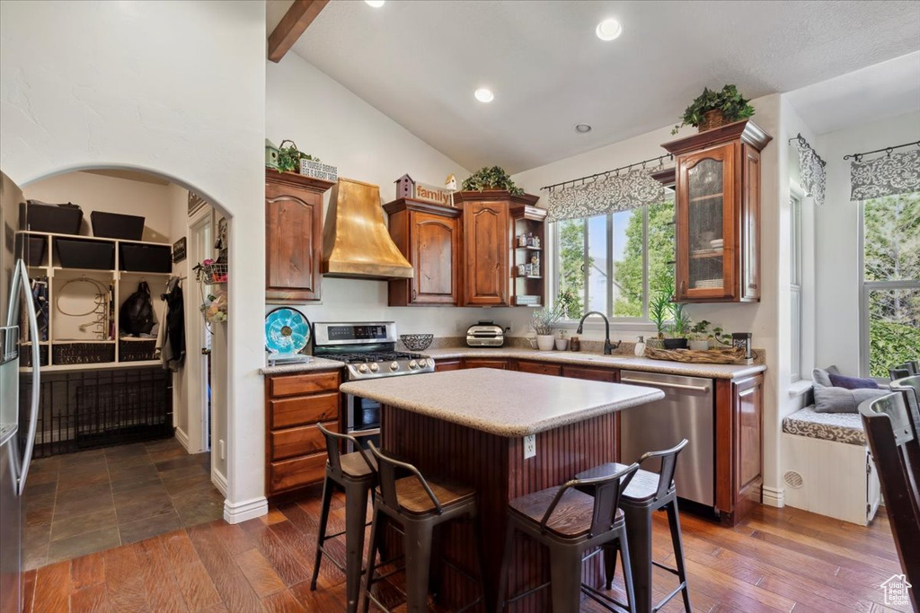 Kitchen featuring appliances with stainless steel finishes, premium range hood, light countertops, dark wood-style floors, and recessed lighting