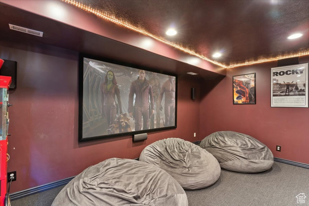 Cinema with carpet floors and recessed lighting