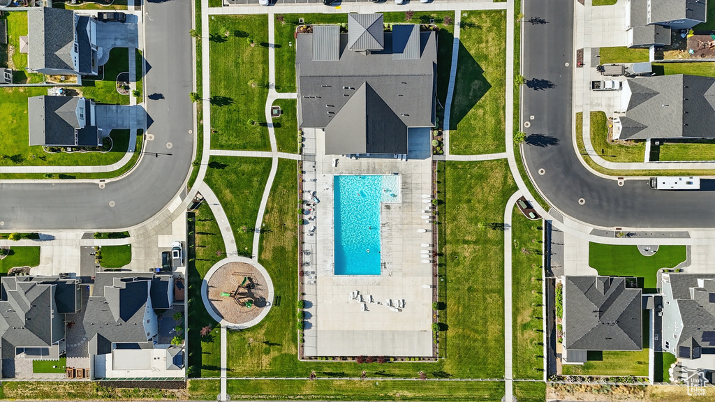 Aerial view of residential area with a pool