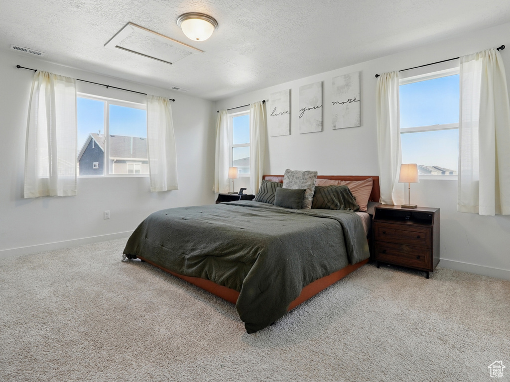 Carpeted bedroom featuring baseboards, attic access, and a textured ceiling