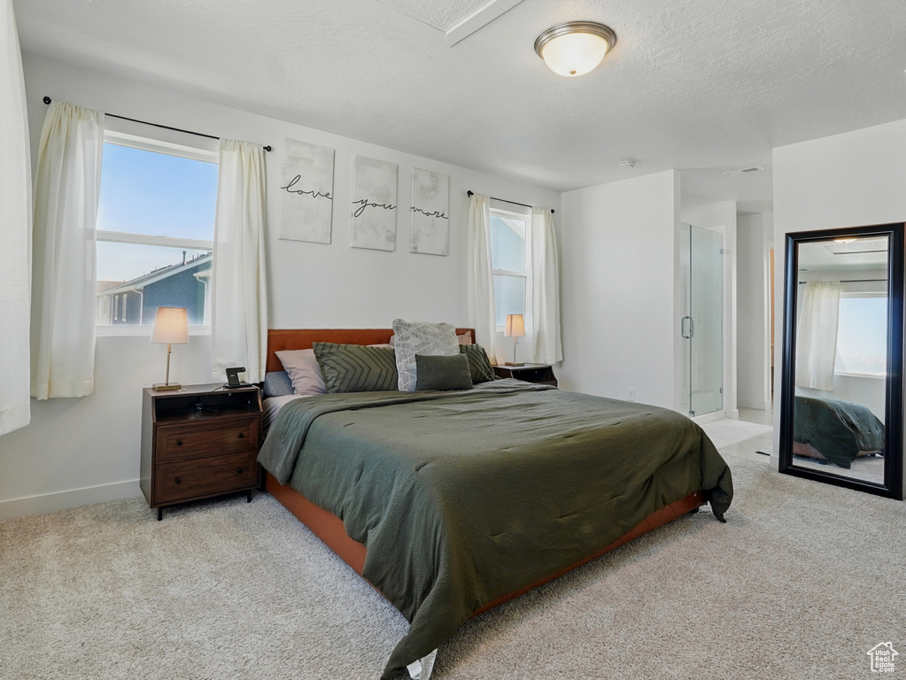 Carpeted bedroom featuring multiple windows and baseboards