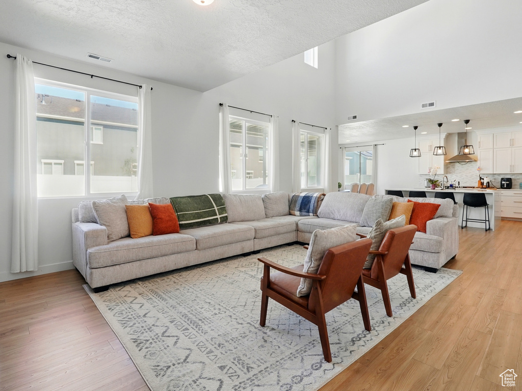 Living room with light wood-type flooring and a textured ceiling