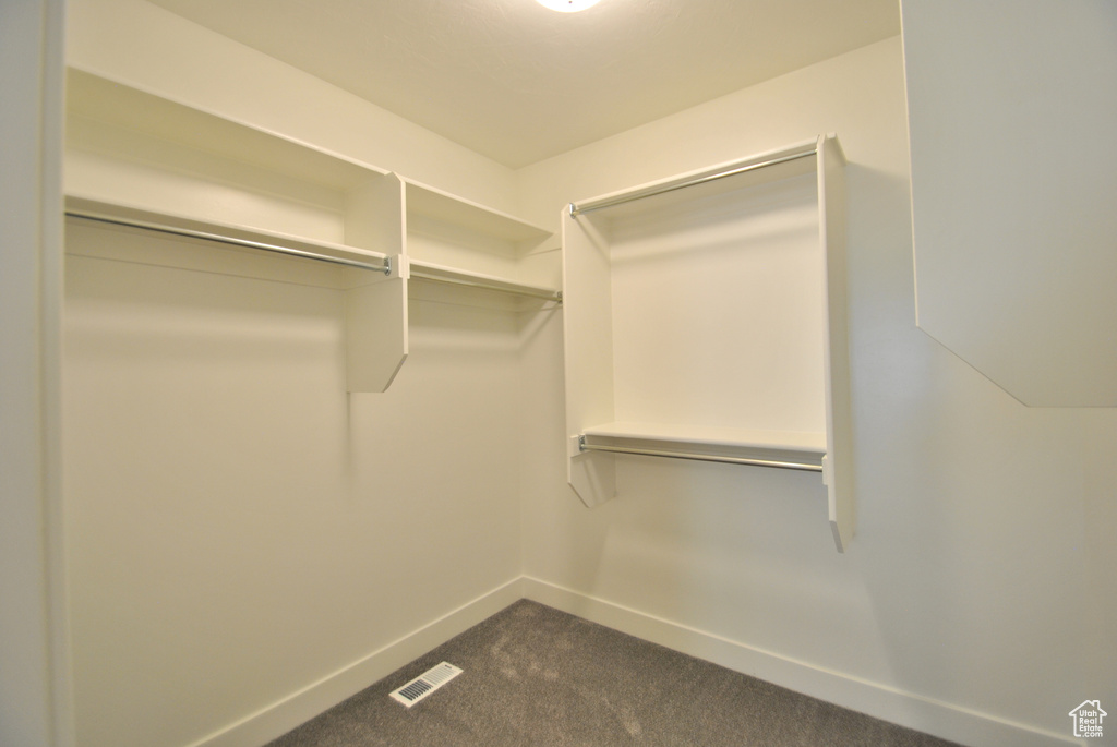 Walk in closet with dark colored carpet