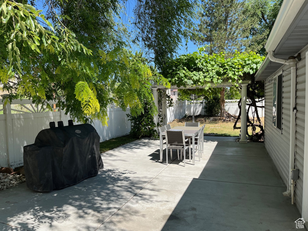 Fenced backyard featuring outdoor dining area, a patio area, and area for grilling