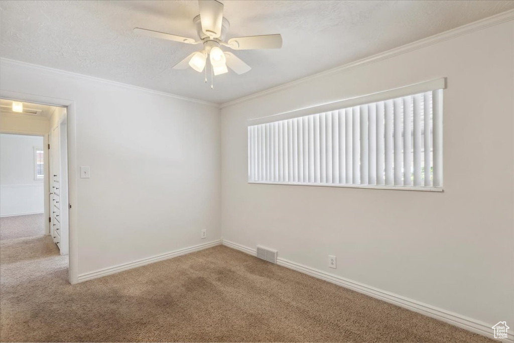 Carpeted spare room with ceiling fan, crown molding, and baseboards