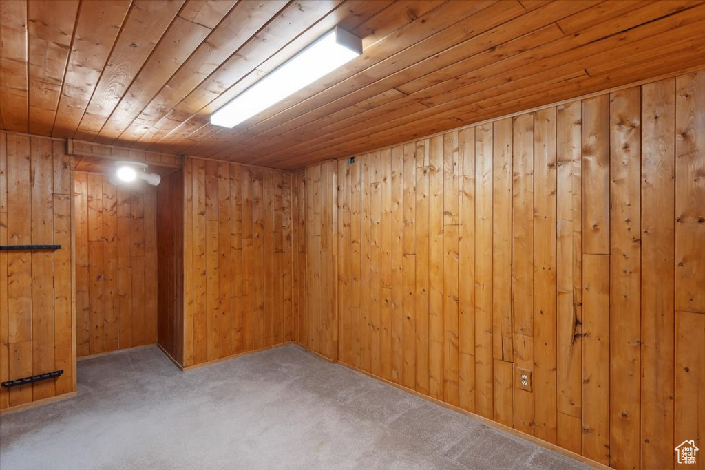 Finished below grade area with wooden ceiling, carpet flooring, and wood walls
