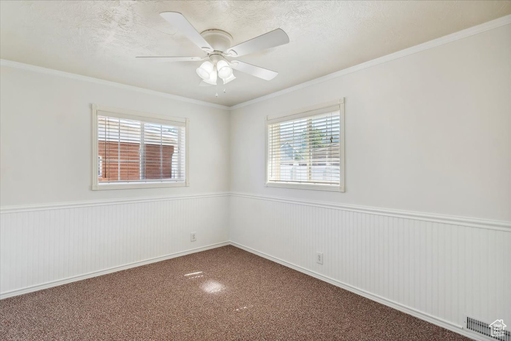 Spare room featuring a ceiling fan, wainscoting, carpet, and ornamental molding