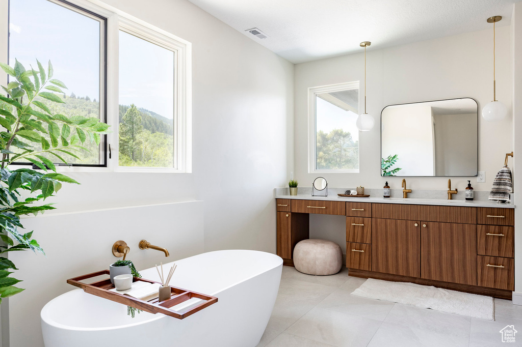 Full bathroom with vanity, a freestanding tub, and plenty of natural light