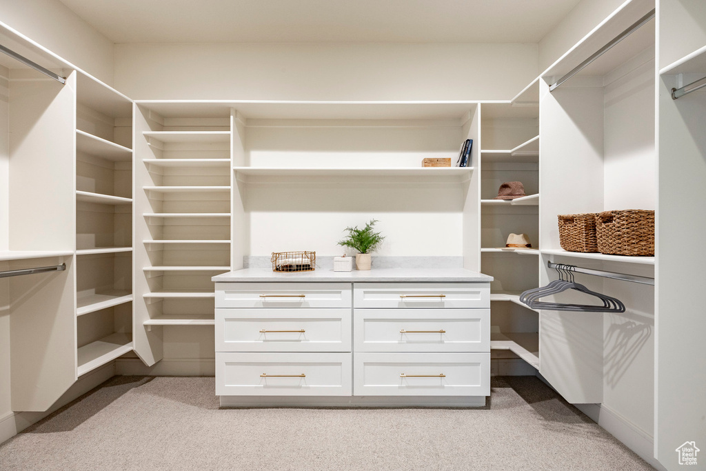 Walk in closet with light carpet