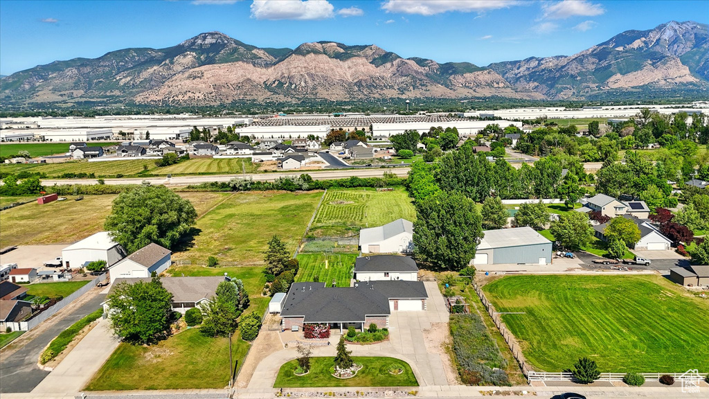 Aerial view of residential area with mountains