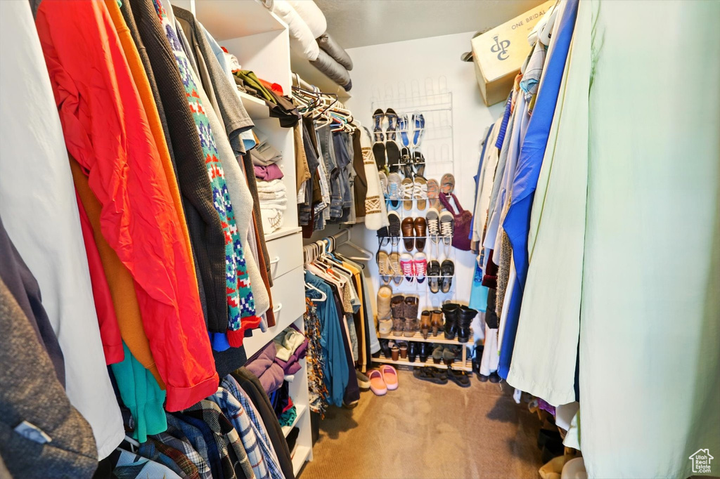Walk in closet with carpet floors