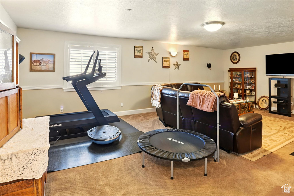 Exercise room with carpet and a textured ceiling