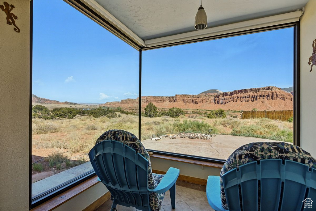 View of patio with a mountain view
