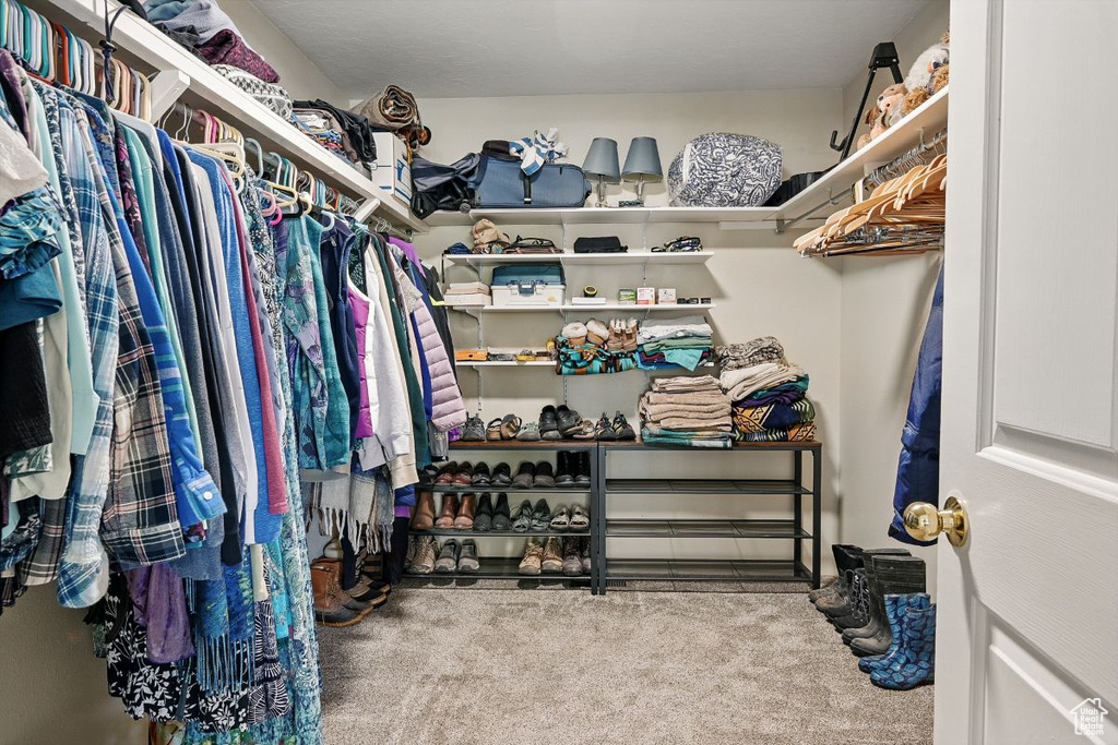 Walk in closet with carpet floors