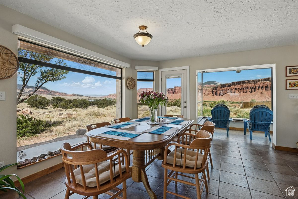 Dining room with a mountain view, baseboards, and a textured ceiling