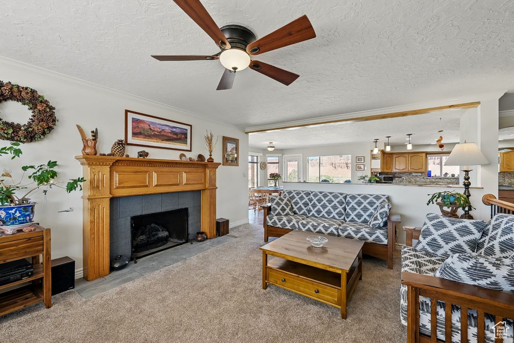 Living area featuring a textured ceiling, ceiling fan, a fireplace, and crown molding