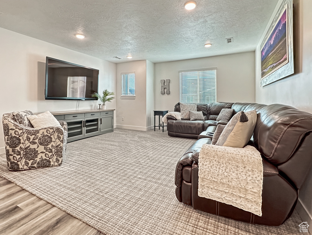 Living area featuring a textured ceiling, baseboards, recessed lighting, and wood finished floors
