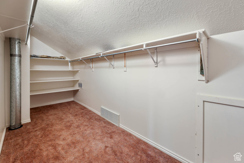 Walk in closet with carpet flooring and lofted ceiling