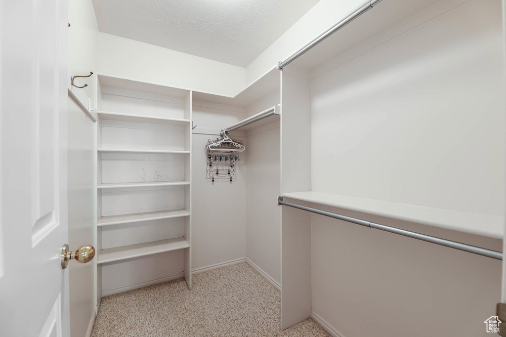 Walk in closet featuring light carpet