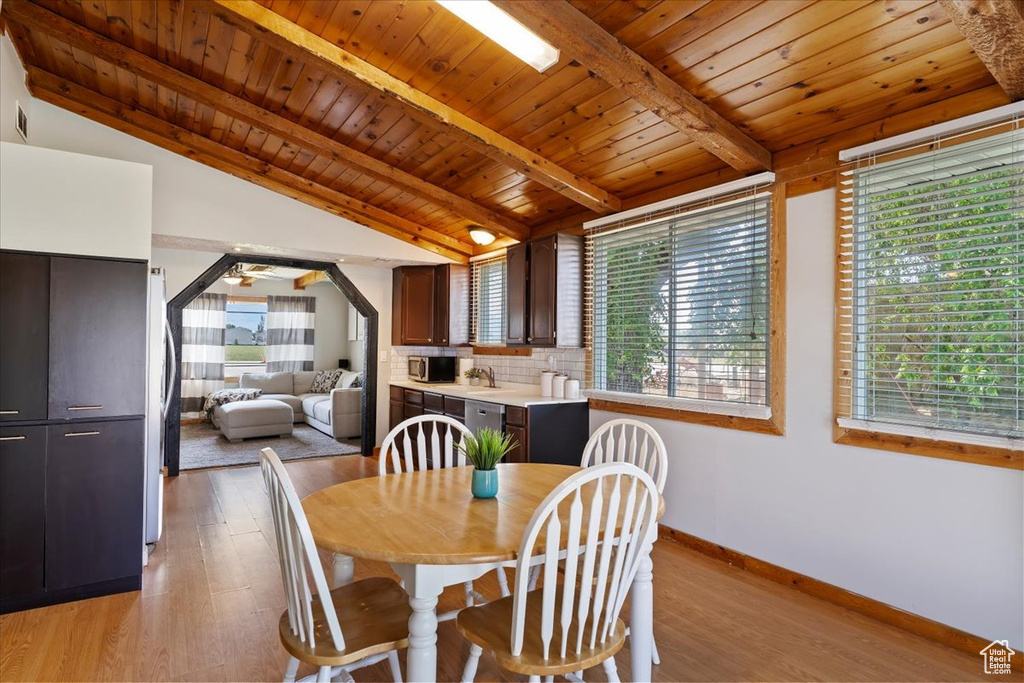 Dining room with light wood-style flooring, wooden ceiling, and baseboards