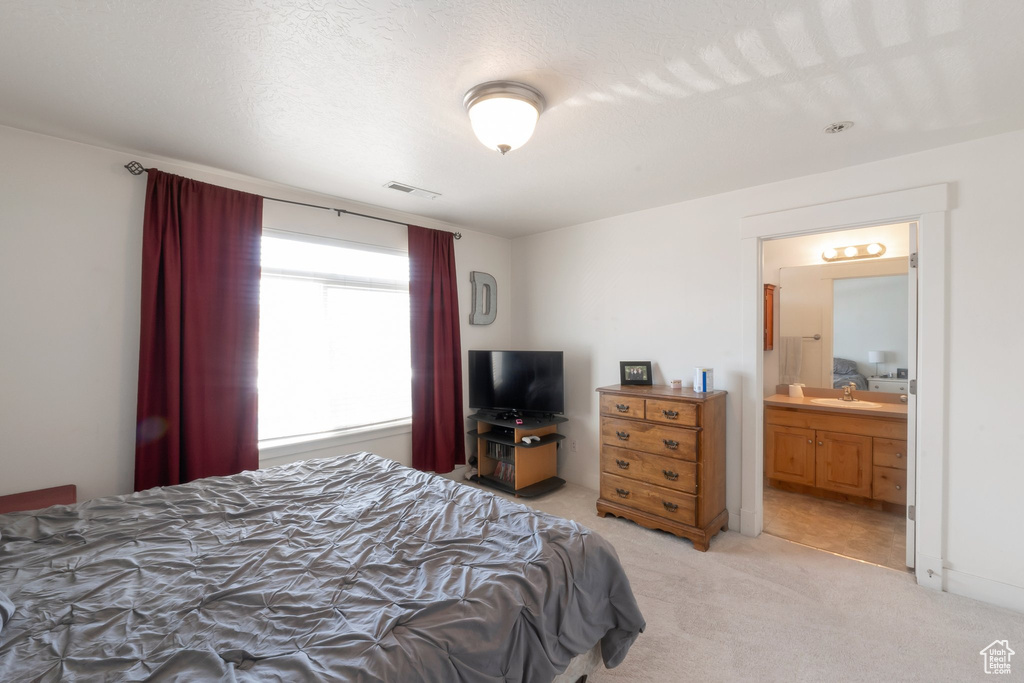 Bedroom with light colored carpet, ensuite bathroom, and a sink