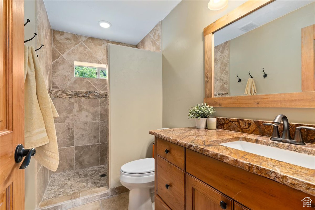 Bathroom featuring vanity, walk in shower, and toilet