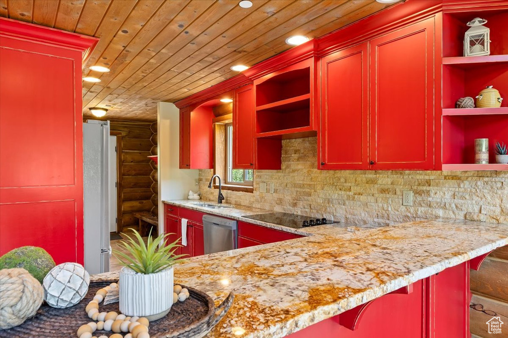Kitchen featuring open shelves, log walls, dishwasher, black electric cooktop, and a sink