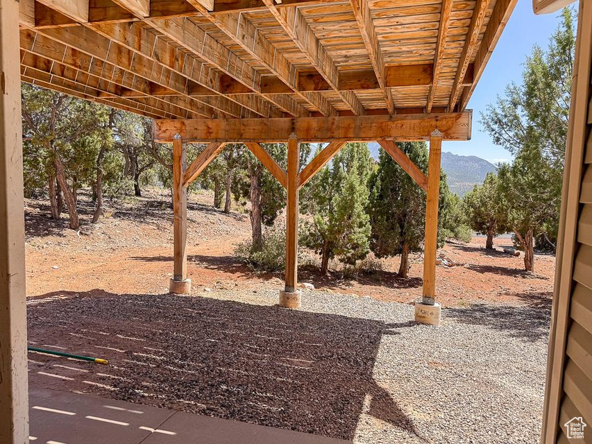 View of patio featuring a mountain view