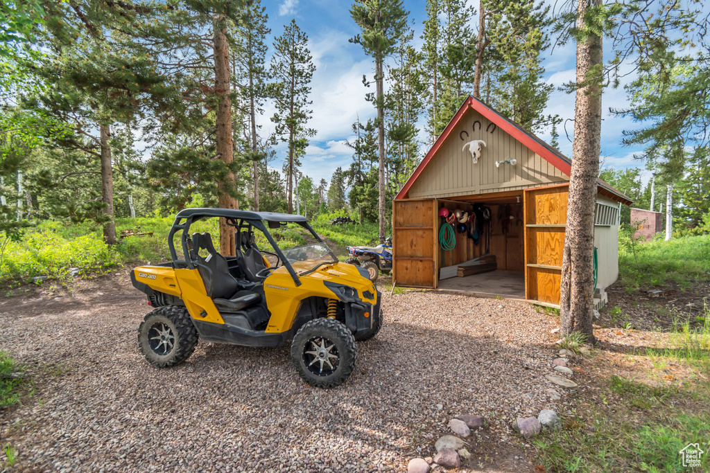 View of detached garage
