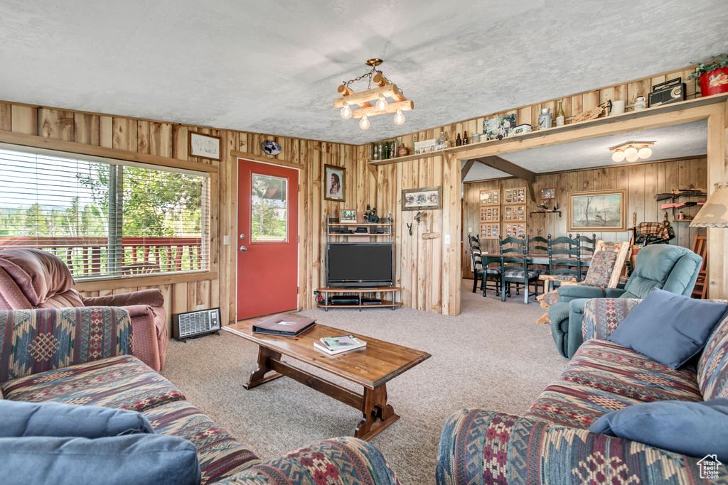 Living area featuring wood walls and carpet floors