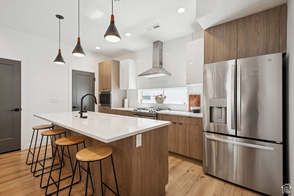 Kitchen with appliances with stainless steel finishes, a sink, island range hood, modern cabinets, and a kitchen breakfast bar