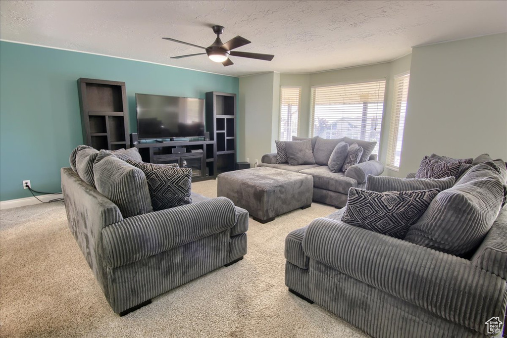 Living area featuring carpet floors, ceiling fan, a textured ceiling, and baseboards