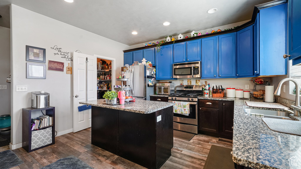 Kitchen featuring stainless steel appliances, a sink, blue cabinetry, a kitchen island, and light stone counters