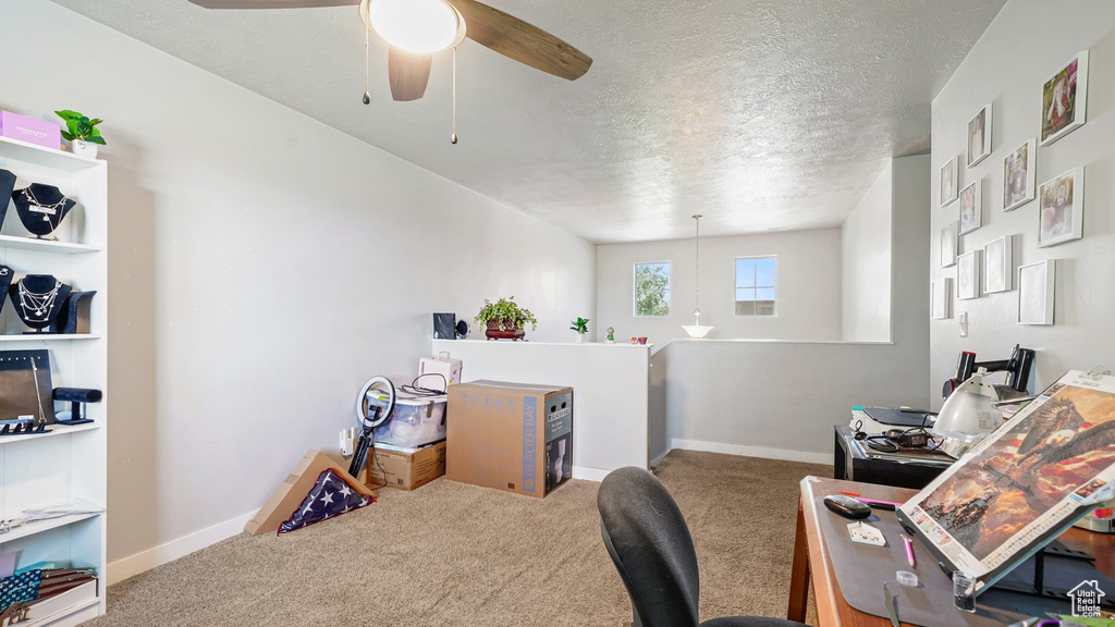 Office space featuring carpet flooring, a textured ceiling, a ceiling fan, and baseboards