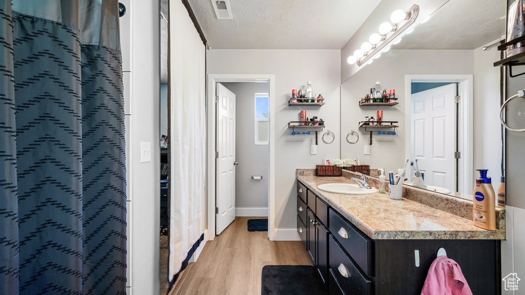 Full bathroom with wood finished floors, vanity, baseboards, and a shower with curtain