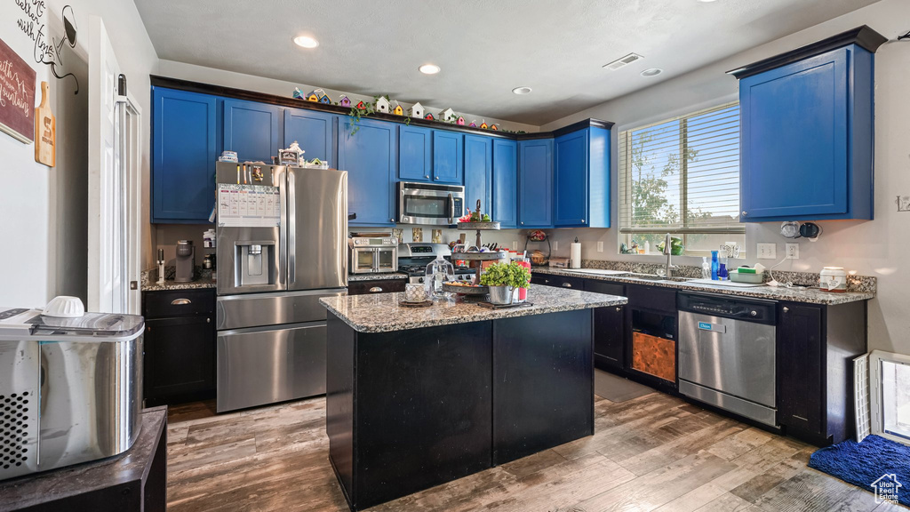 Kitchen with stainless steel appliances, blue cabinetry, light stone counters, a sink, and wood finished floors