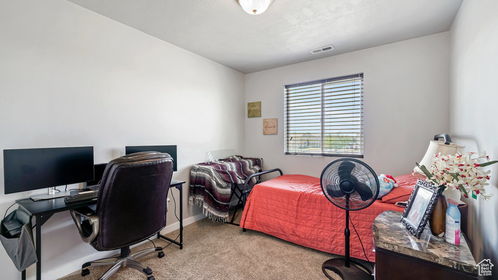 Bedroom featuring carpet floors, an office area, and baseboards