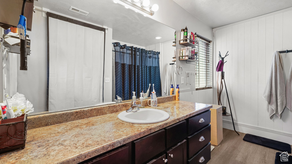 Bathroom featuring vanity, wood finished floors, and a shower with curtain