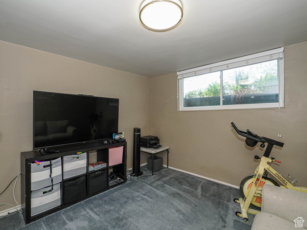 Workout area featuring carpet floors and baseboards