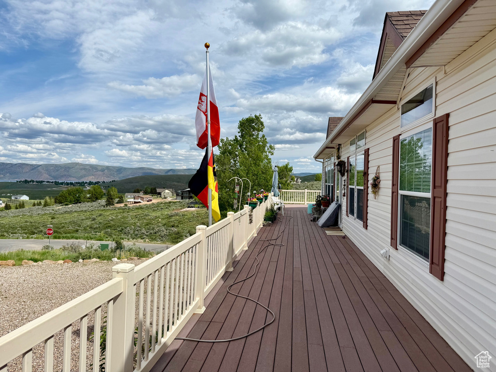 Wooden terrace with a mountain view