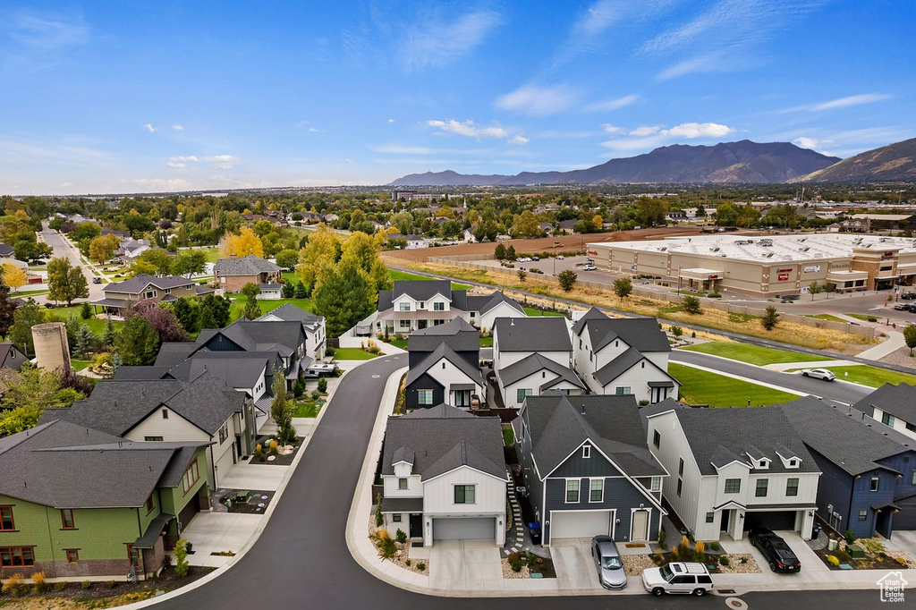 Aerial perspective of suburban area with mountains