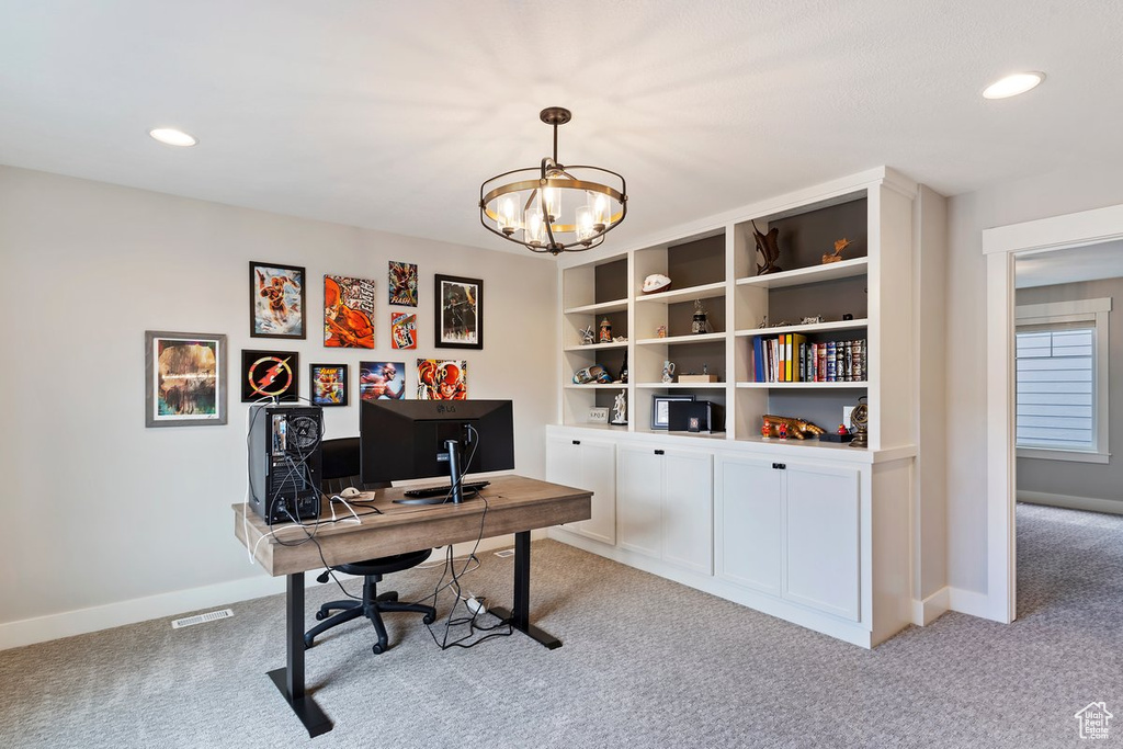 Office with light carpet, a chandelier, baseboards, and recessed lighting