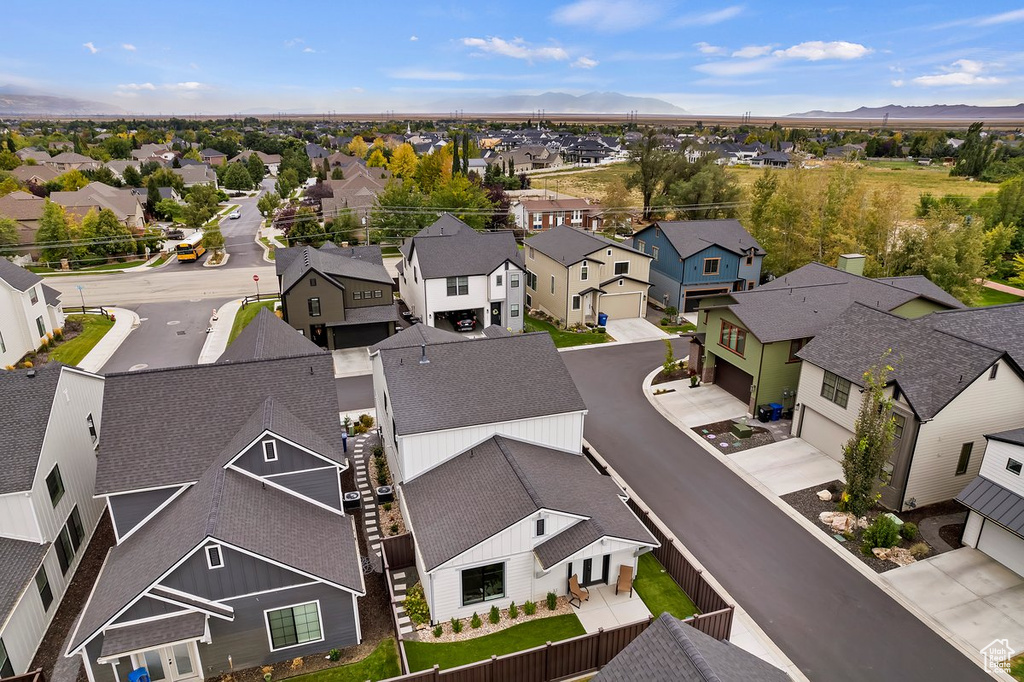 Aerial perspective of suburban area featuring mountains