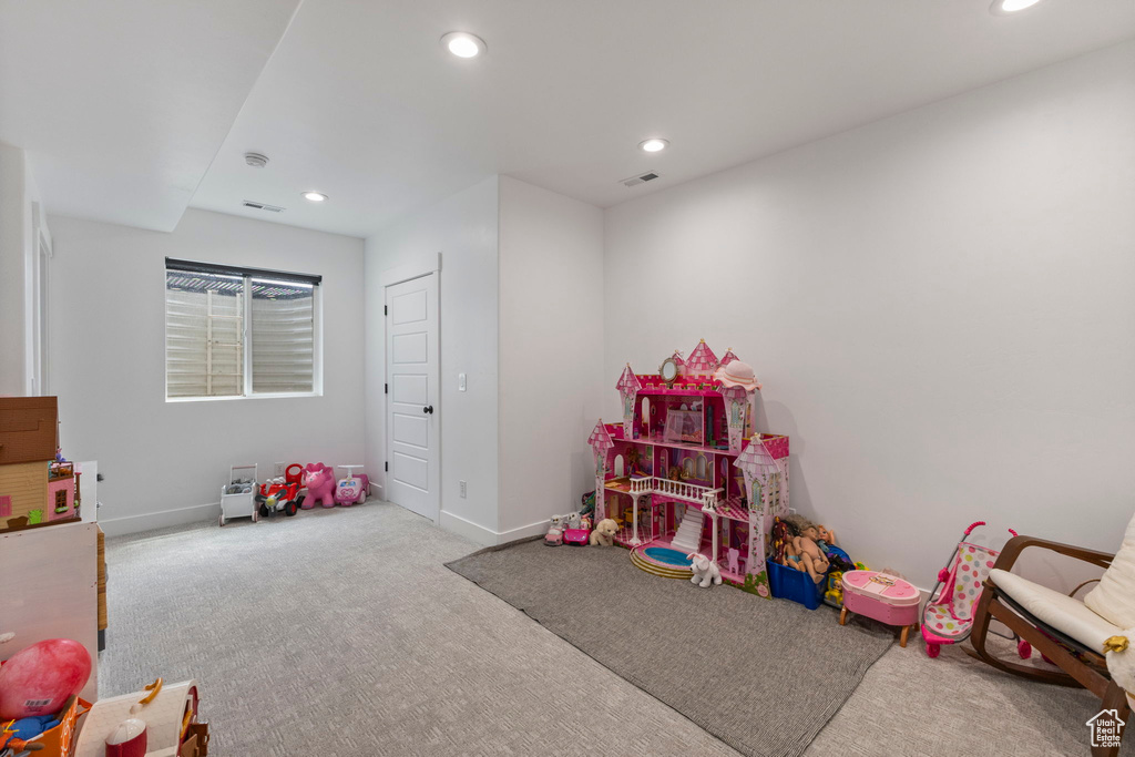 Game room with carpet, recessed lighting, and baseboards