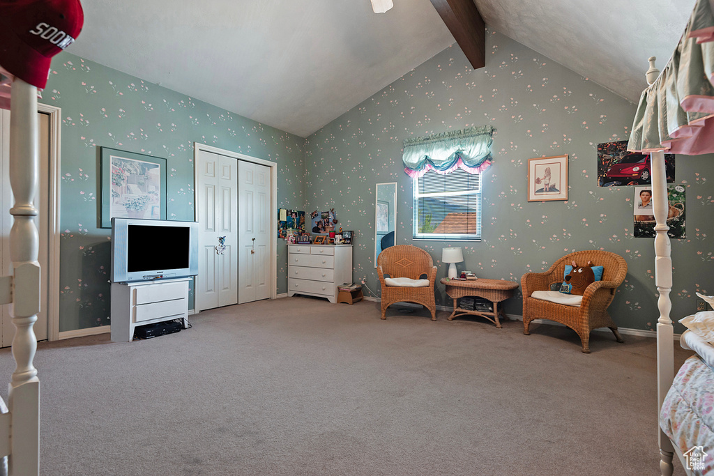 Living area with wallpapered walls and carpet floors