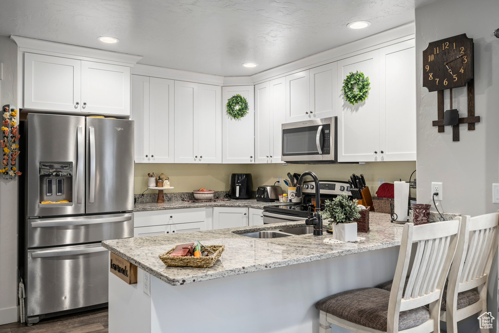 Kitchen with appliances with stainless steel finishes, a peninsula, white cabinets, dark wood-type flooring, and recessed lighting