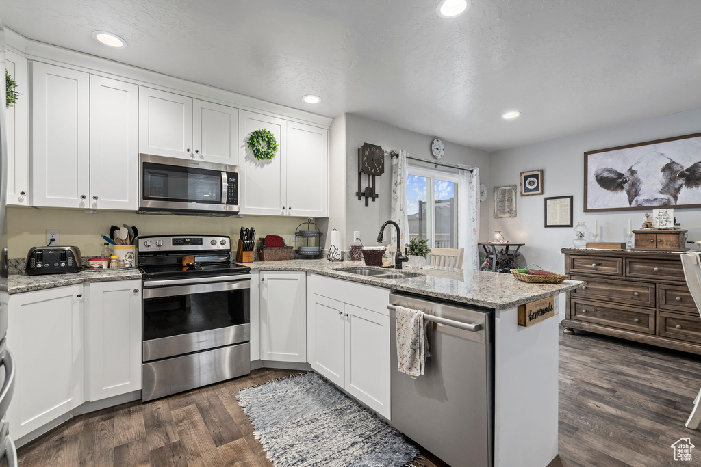 Kitchen with stainless steel appliances, a sink, a peninsula, white cabinetry, and dark wood-style flooring