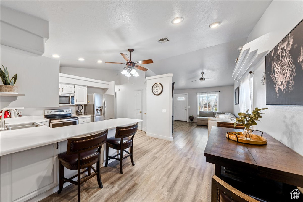 Kitchen featuring appliances with stainless steel finishes, a sink, a ceiling fan, a peninsula, and light countertops