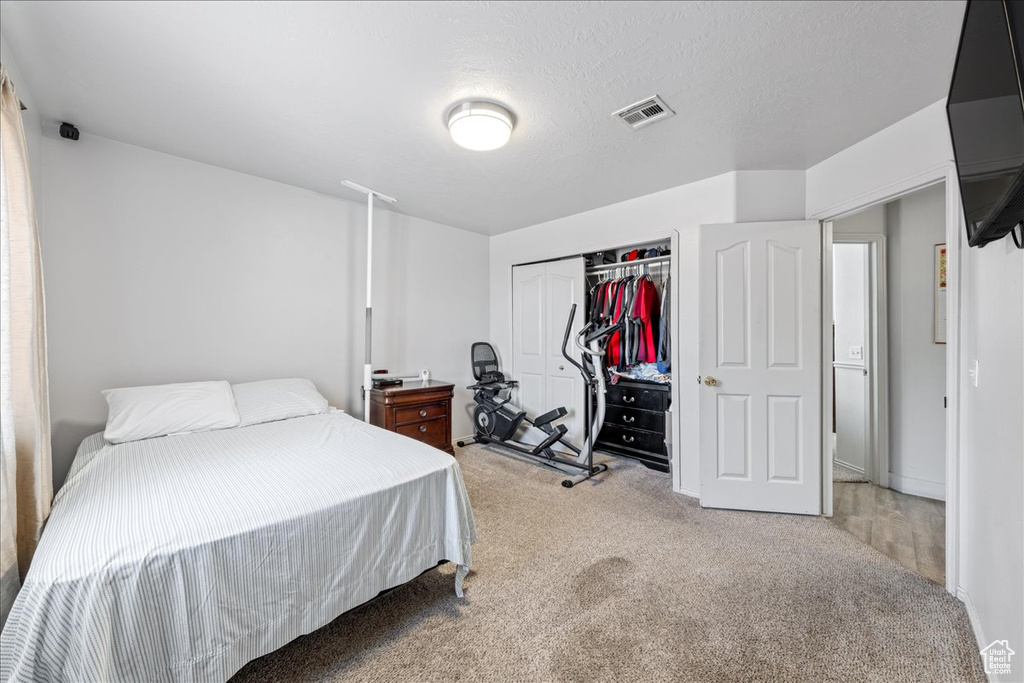 Carpeted bedroom featuring a closet