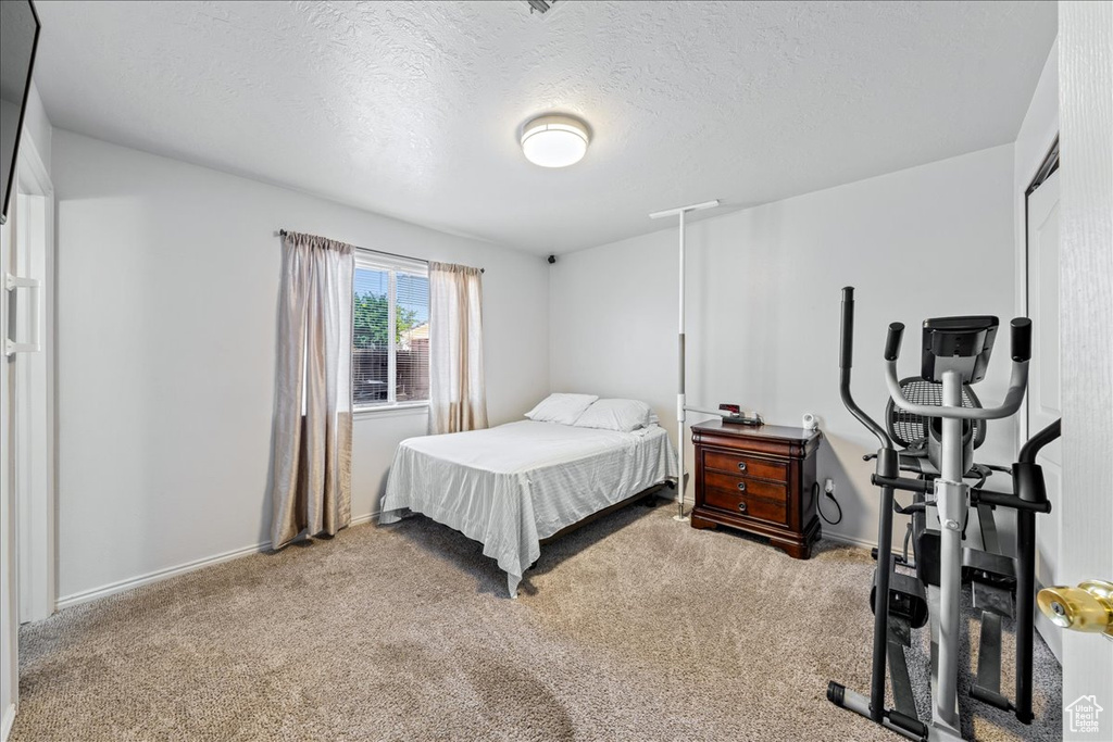 Bedroom featuring carpet floors, a textured ceiling, and baseboards